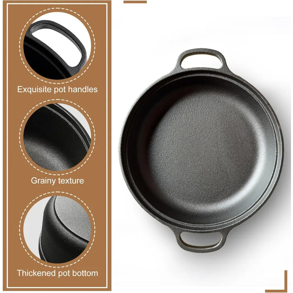 1PCS Cast Iron Skillet with Handle Round Flat Bottomed Frying Pan for Fried Steak Bread Pizza Outdoor Cooking Camping Supplies