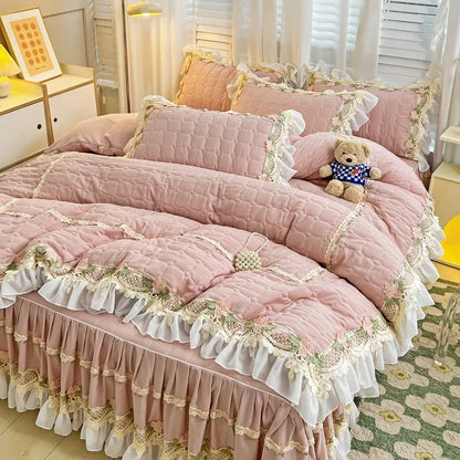 Pink Korean Princess Style Bedding Set Flowers Lace Ruffles Embroidery Quilted Thick Duvet Cover Bedspread Bed Skirt Pillowcases