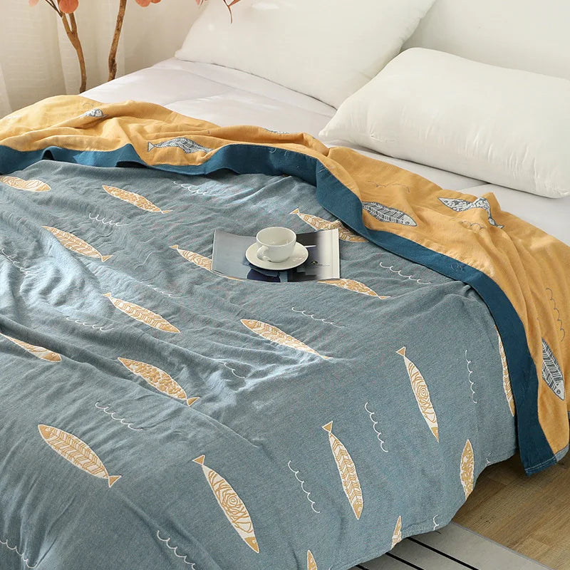 Textile City Ins Leaf Fish Comforters 5 Layer Cotton Gauze Towel Blanket Home Bed Quality Bedspread 200x230cm