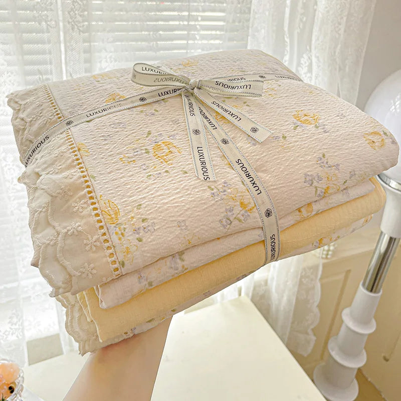 INS Princess Bedding Set Ruffle Lace Quilt Cover Romantic Bedclothes Woman Girls Home Decor Duvet Cover Set Korean Style Floral