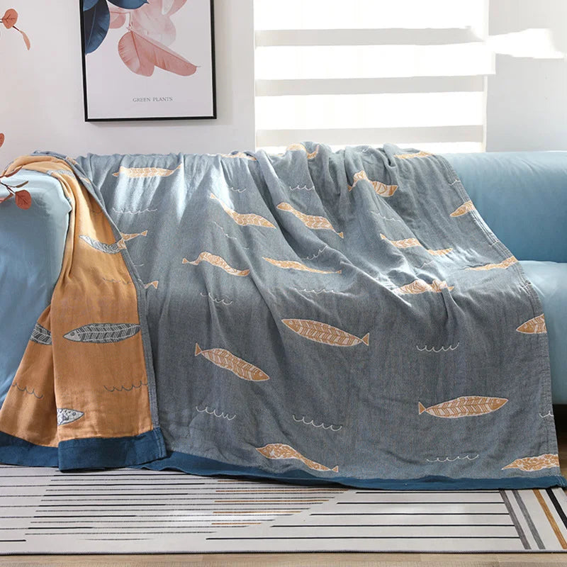 Textile City Ins Leaf Fish Comforters 5 Layer Cotton Gauze Towel Blanket Home Bed Quality Bedspread 200x230cm