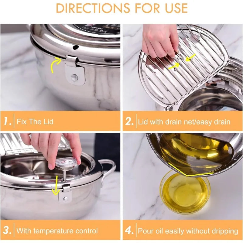 Stainless Steel Frying Pot with Thermometer and Oil Drip Drainer Rack Household Double Bottom Gas Induction Cooker Kitchen Tools