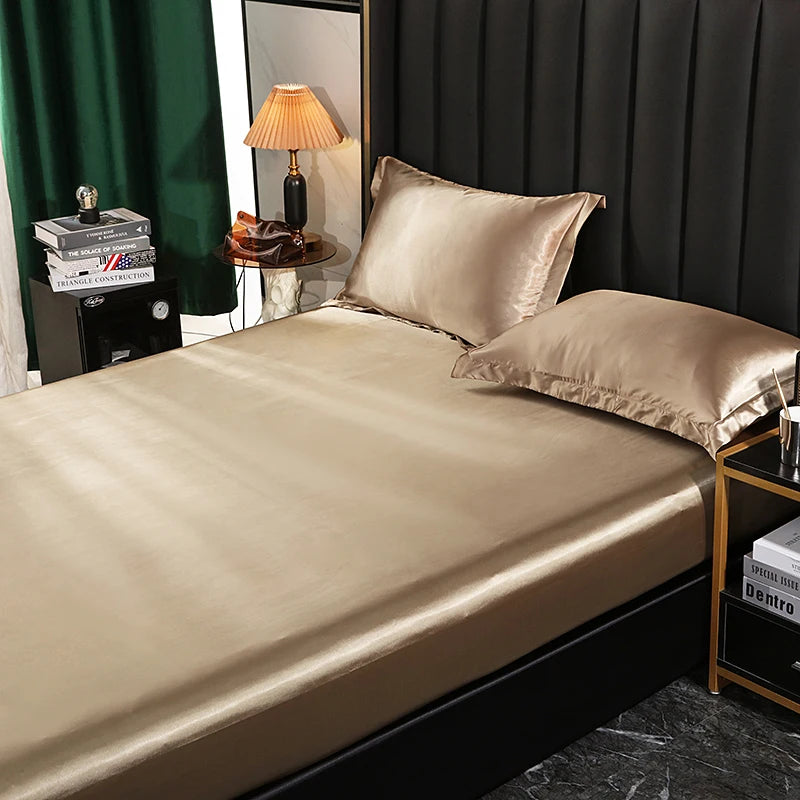 Mulberry Silk Bed Sheet Set with Fitted Sheet Flat Sheets Pillowcase Luxury Solid Color Bedding Sets Wrinkle-Free Antiallergic