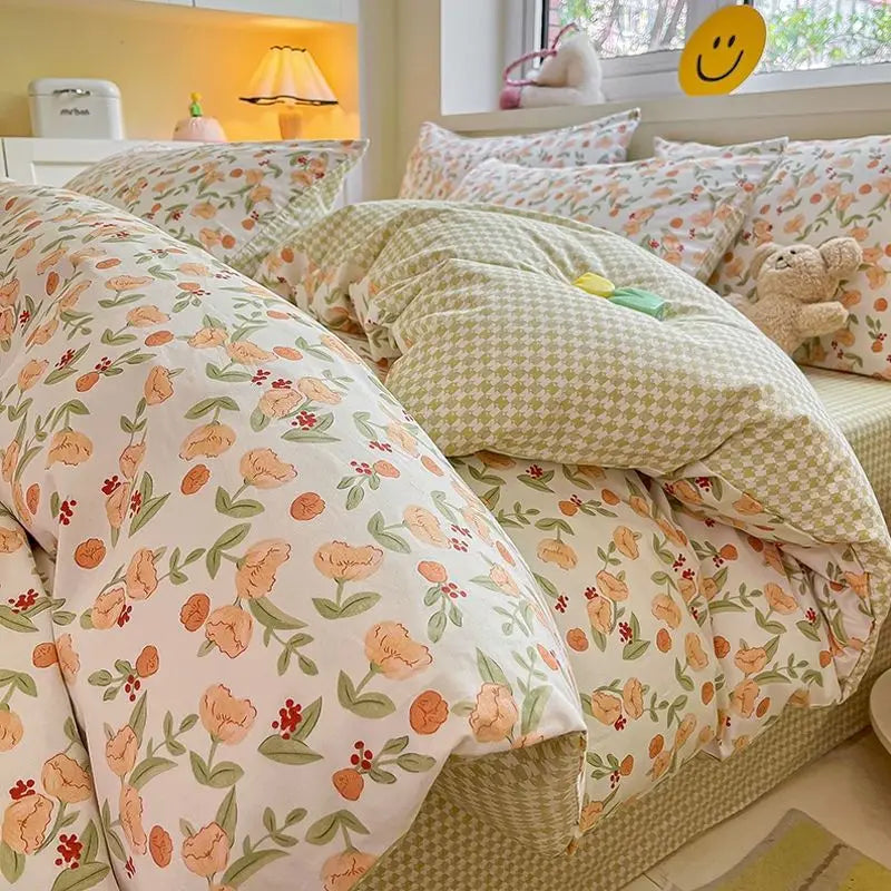 Kawaii Bedding Set Kids Adult Flat Sheet Duvet Cover Pillowcase Single Double Full Size Bed Linen Floral Cherry Home Textile