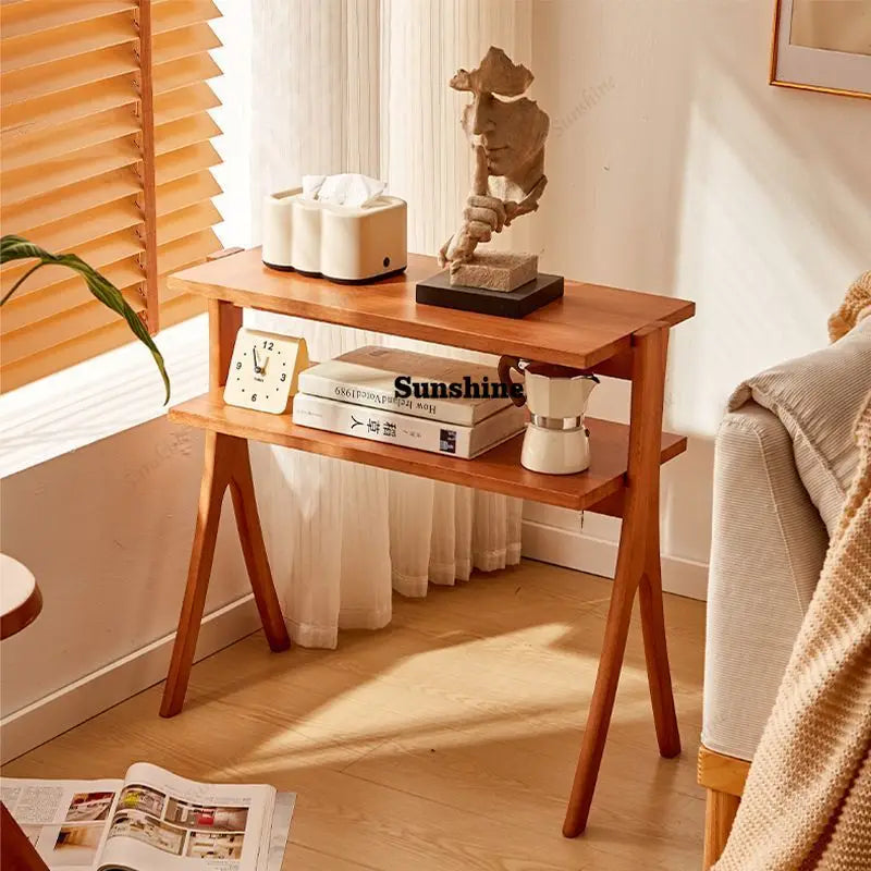 Vintage Solid Wood Side Table & Bookshelf Set: Mid-Century Herringbone Flower Stand, Minimalist Study Table