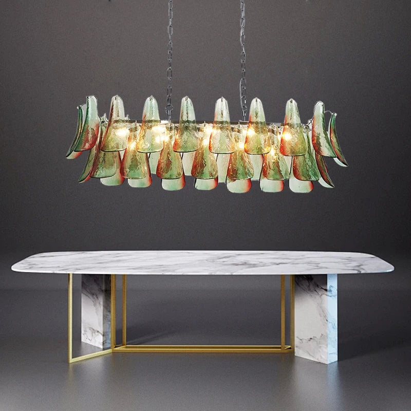 Modern living room chandelier with green glass lustre, suitable for study and dining room ceiling lighting, dimmable.