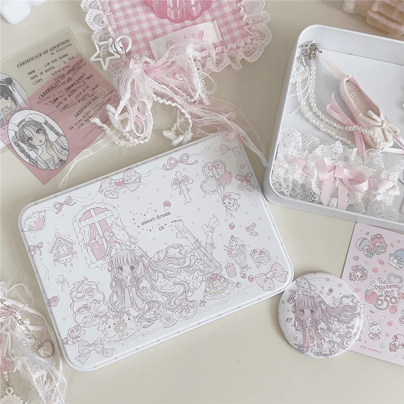 Iron Storage Box Cute Cartoon Girl Desktop Sundry Storager Organizer Kawaii Jewelry Box Pink Floral Container Home Decor