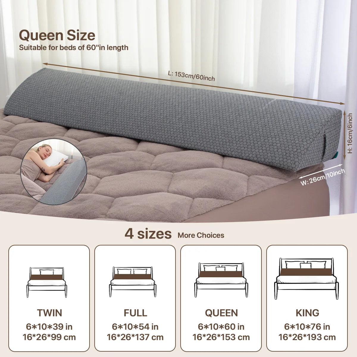 1Pc Bed Gap Filler Bed Wedge Pillow Headboard Pillow Memory Foam Material Mattress Gap Filler with 2 Side Large Pockets