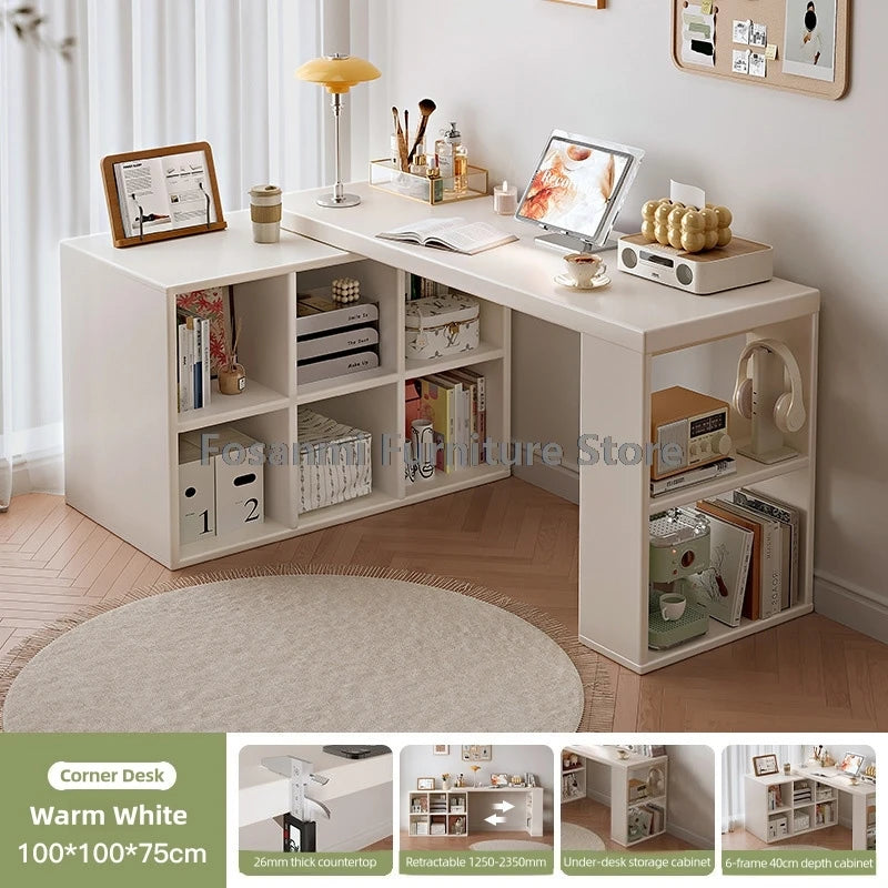 Multifunctional Adjustable White Desk with Storage Cabinet Modern Extendable Table for Bedroom Office Room Simple Corner Desks