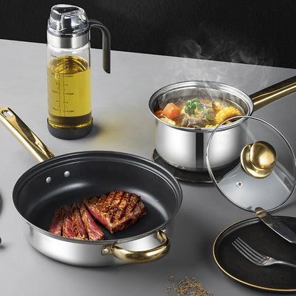 6 Sets Kitchen Pots Set Stainless Steel Golden Handle Smoothing Sturdy Durable Easy to Clean Cookware Set for Home Cooking Pots
