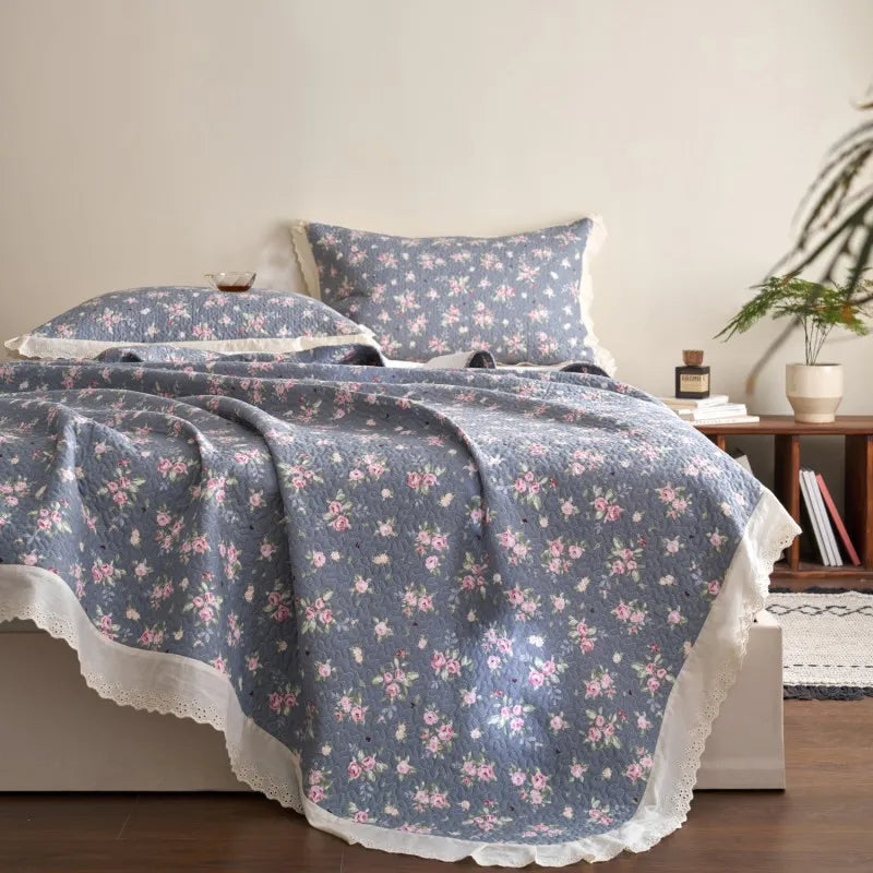 Flower Printed Bed Cover with Lace French Style Washed Cotton Bedspreads Quilted cobre leito de casal Comfortable and Soft 이불패드