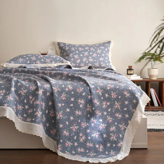 Flower Printed Bed Cover with Lace French Style Washed Cotton Bedspreads Quilted cobre leito de casal Comfortable and Soft 이불패드