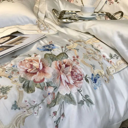 4/7Pcs White Luxury 1000TC Egyptian Cotton Flowers Embroidery Bedding Set Duvet Cover Bed Sheet/Fitted Bed Sheet Pillowcases