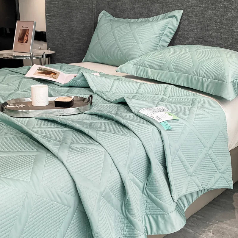 Silky Tencel Quilted Bedspread on the Bed, Cool Quilt, Lyocel 50, Quilted Blanket, Comforter, Double Queen Cover, Padded, Summer