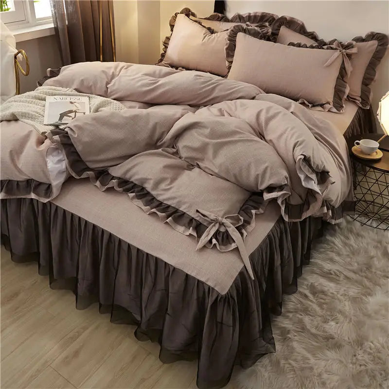Korean Bed Skirt Bedding Sets with Ruffled Edges Thickened Princess Brushed Quilt Kit Solid Skin-Friendly Breathable Bedclothes