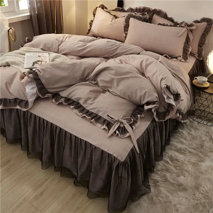 Korean Bed Skirt Bedding Sets with Ruffled Edges Thickened Princess Brushed Quilt Kit Solid Skin-Friendly Breathable Bedclothes