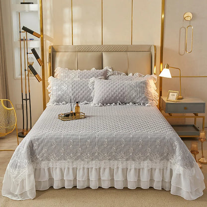 Solid Color Thicked Quilted lace Bed Skirt European Style 245x250cm Coverlet Bed Cover Bed Linen Solid Color King Queen Size