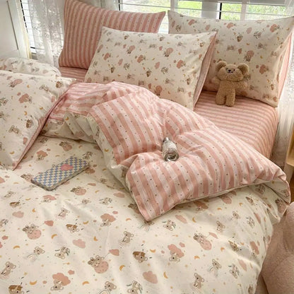 Kawaii Bedding Set Kids Adult Flat Sheet Duvet Cover Pillowcase Single Double Full Size Bed Linen Floral Cherry Home Textile