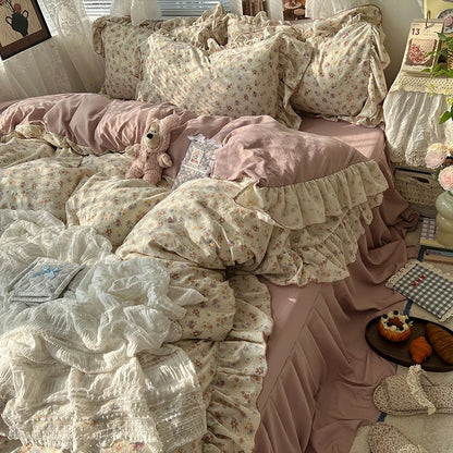 3/4Pcs Korean Princess Style Floral Ruffles Bedding Set Skin-friendly Soft Duvet Cover Set Bed Sheet Or Bed Skirt Pillowcases