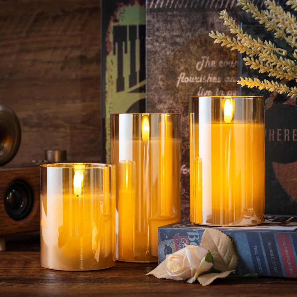 LED Flameless Candles with Remote, Glass Battery Operated Flickering Light for Festival Wedding Home Party Decor-Ivory White