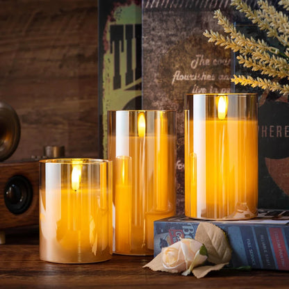 LED Flameless Candles with Remote, Glass Battery Operated Flickering Light for Festival Wedding Home Party Decor-Ivory White