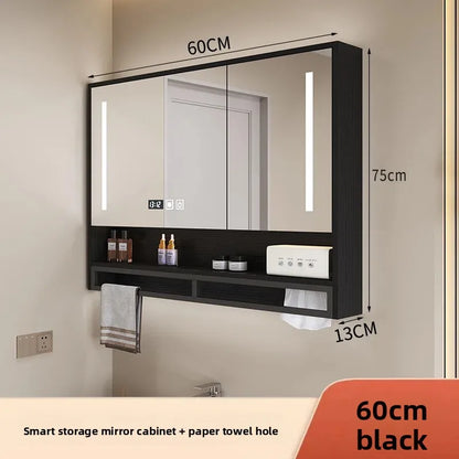 Bathroom Mirror Cabinet Wall Mounted LED Waterproof Aluminum Medicine Cabinet with Storage Shelf Towel Rod for Home Bathroom