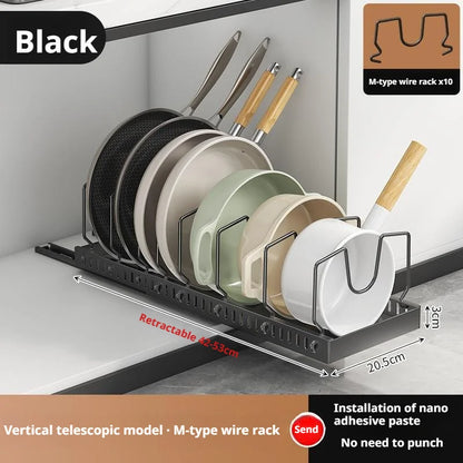 Pots and Pans Organizer Under Cabinet Sliding Pot Lid Storage Holder Kitchen Adjustable Slide Out Dish Pan Storage Rack Shelf