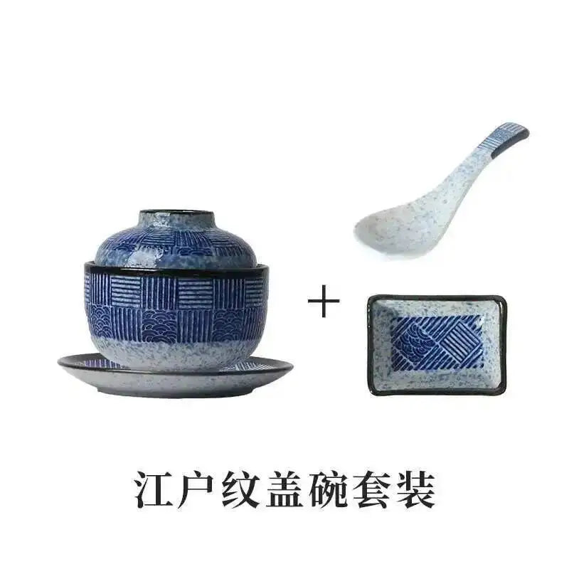 Wave Pattern Tableware Stew Bowl Ceramic Dessert Bowl With Cover Cup Spoon
