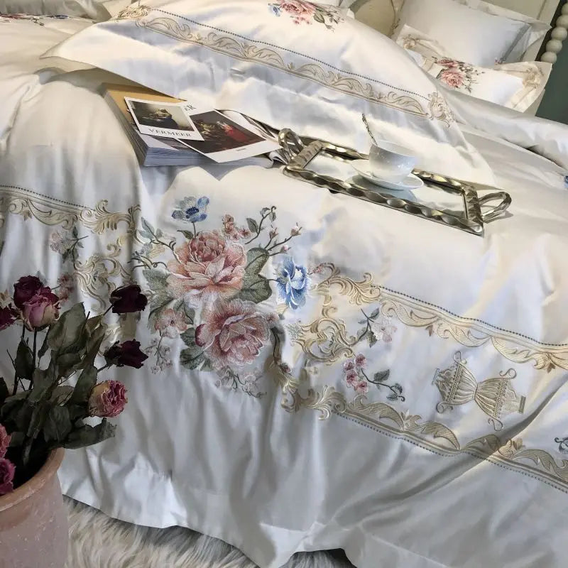 4/7Pcs White Luxury 1000TC Egyptian Cotton Flowers Embroidery Bedding Set Duvet Cover Bed Sheet/Fitted Bed Sheet Pillowcases