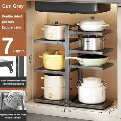 Multilayer Kitchen Under Sink Pot Holder Adjustable Frying Pan Rice Cooker Seasoning Storage Rack Metal Organizer Pot Rack