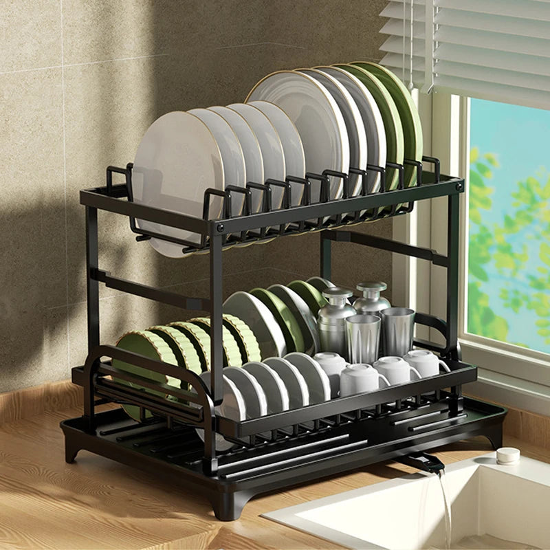 Dish Drainer Rack, Double-Layer Tray Storage Rack, Sturdy and Durable Cutting Board Rack and Utensil Rack, Can Be Used to Hold Cups, Pots, and Chopsticks, Suitable for Home Kitchens.