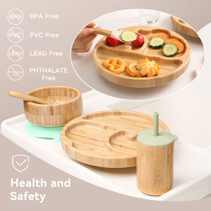 4pcs Children's Tableware Suction Plate Bowl Baby Dishes Baby Feeding Dishes Spoon Fork Sets Bamboo Plate for Kids Tableware