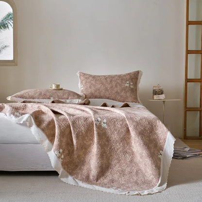 Flower Printed Bed Cover with Lace French Style Washed Cotton Bedspreads Quilted cobre leito de casal Comfortable and Soft 이불패드