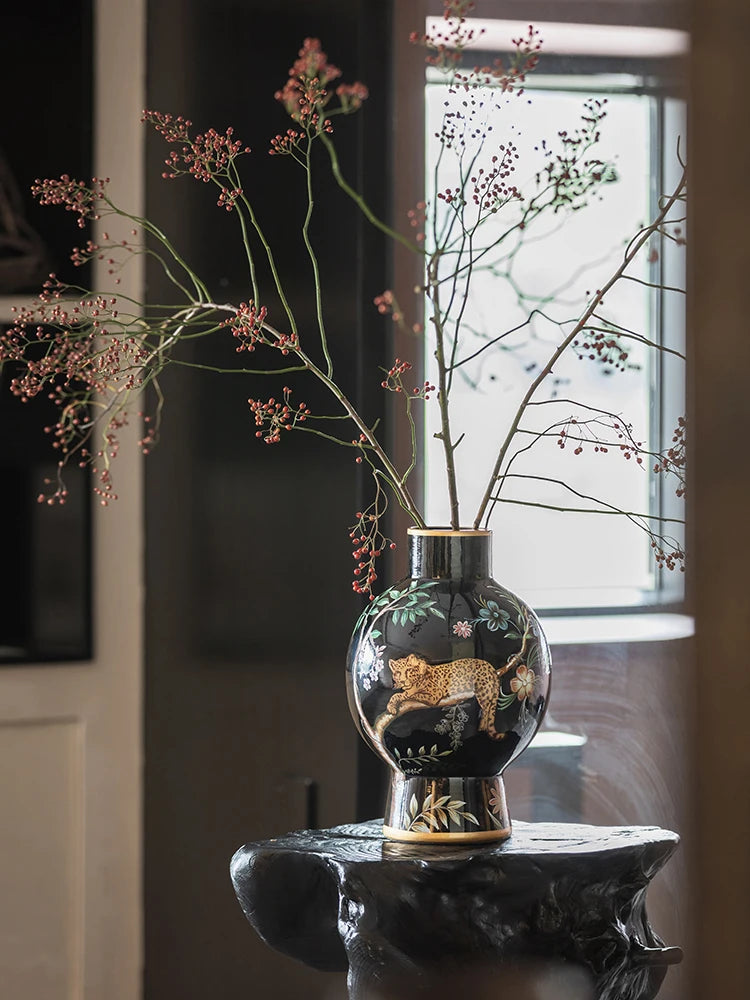 Leopard In The Jungle Porch Living Room Ceramic Art Vase Decoration Retro Flower Arrangement Sun God Medieval Ornaments