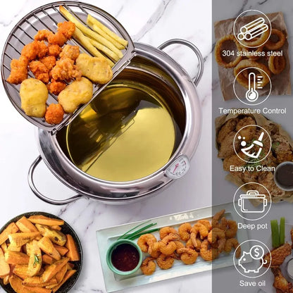 Stainless Steel Frying Pot with Thermometer and Oil Drip Drainer Rack Household Double Bottom Gas Induction Cooker Kitchen Tools