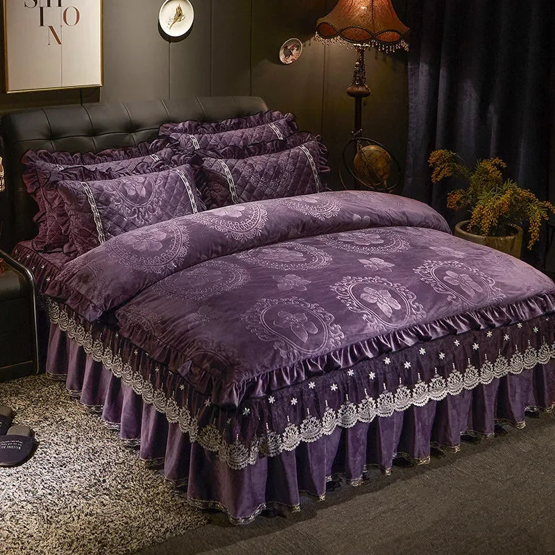 AI WINSURE-Europe Lace Velvet 4pcs Bedding Set, Embossed Duvet Cover, Quilted Bedspread, Soft, with 2 Pillowcases, for Winter