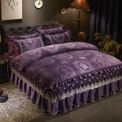 AI WINSURE-Europe Lace Velvet 4pcs Bedding Set, Embossed Duvet Cover, Quilted Bedspread, Soft, with 2 Pillowcases, for Winter