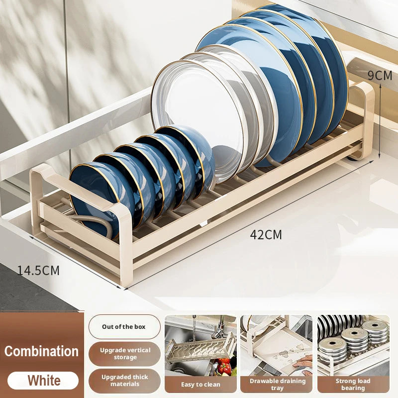Pull Out Cabinet Dish Storage Rack Stainless Steel Plate Drain Stand Holder Kitchen Drawer Built-in Bowl Rack Basket Organizer