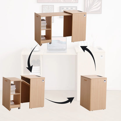 Modern Wooden Folding Desk with Power Outlet, Storage Shelves & Wheels - Extendable Mobile Writing Table for Home Office