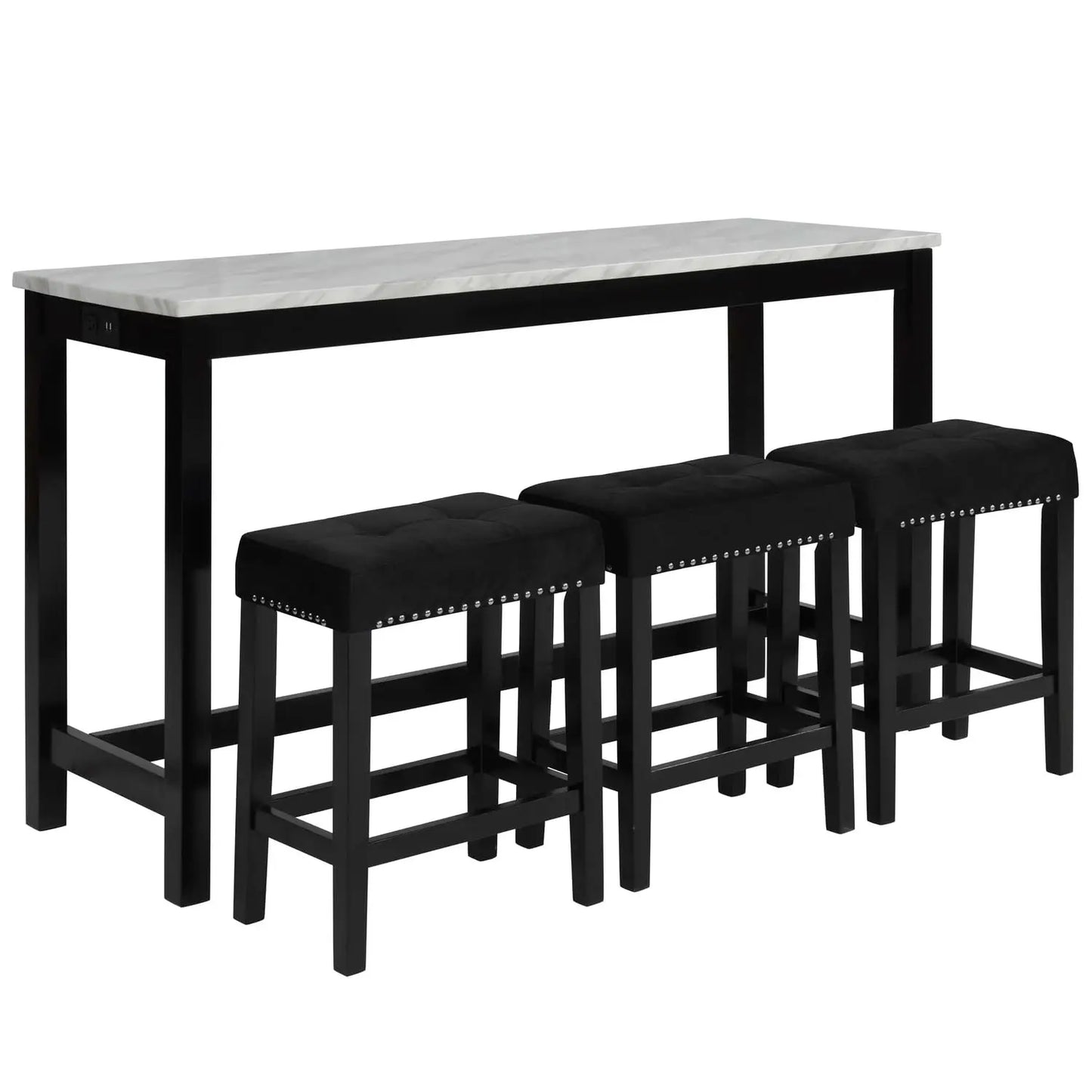 New Classic Furniture Celeste Faux Marble Theater Bar Table with 3 Bar Stool Set, Black Velvet with Black Base, Customized