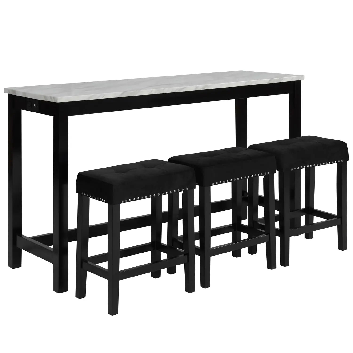 New Classic Furniture Celeste Faux Marble Theater Bar Table with 3 Bar Stool Set, Black Velvet with Black Base, Customized