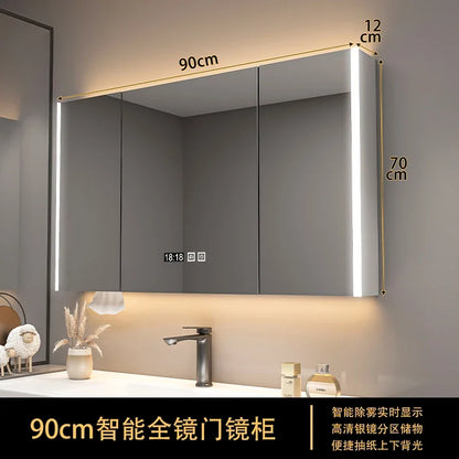 Bathroom Furniture Mirror Cabinet Modern Solid Wood Bathroom Smart with Light Defogging Beauty Mirror with Storage Locker