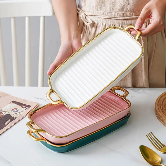 Binaural rectangular flat plate household ceramic tray snack board