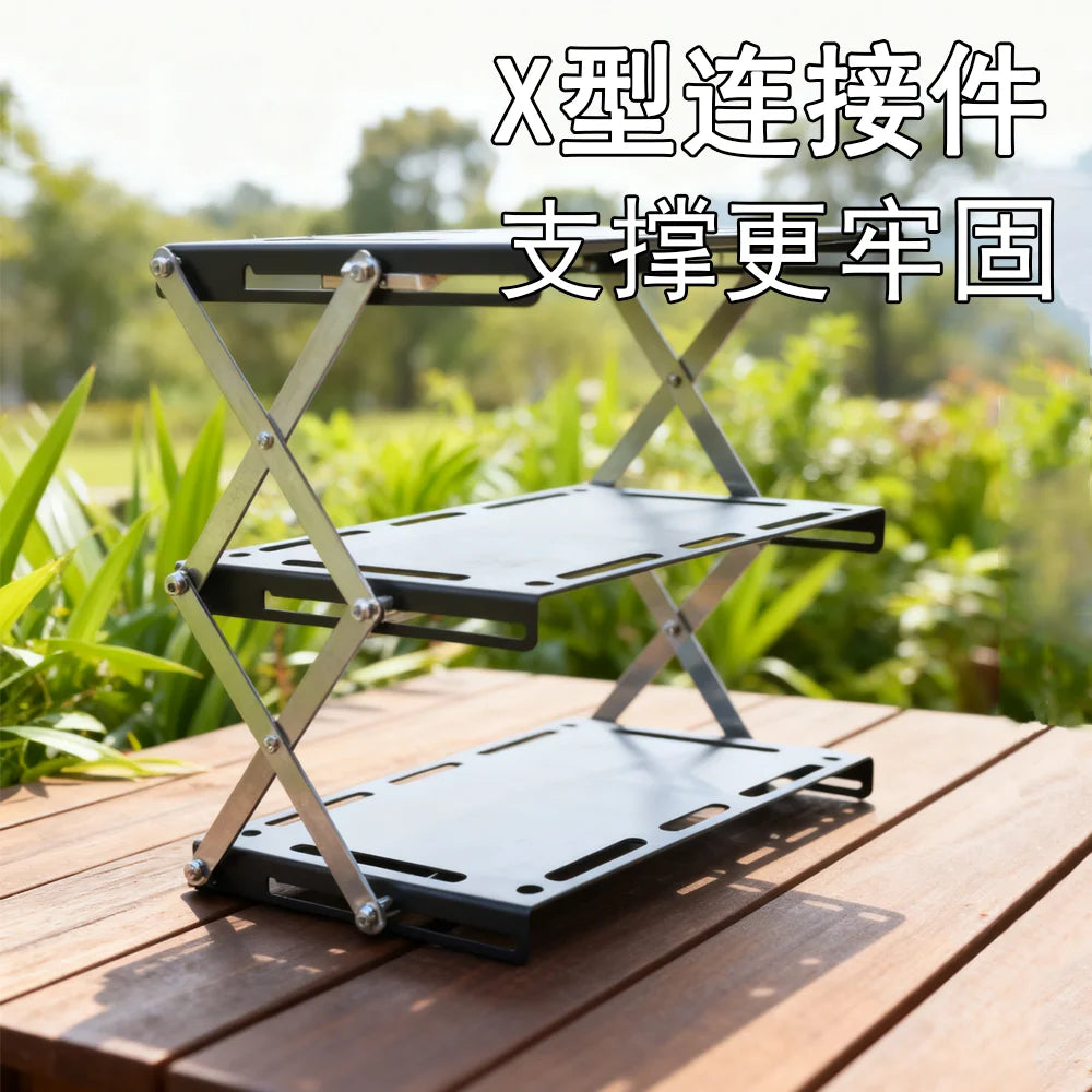 Outdoor Camping Three-Tier Shelf Wood Foldable Portable Camping Folding Table, Multi-Layer Multifunctional Storage Table