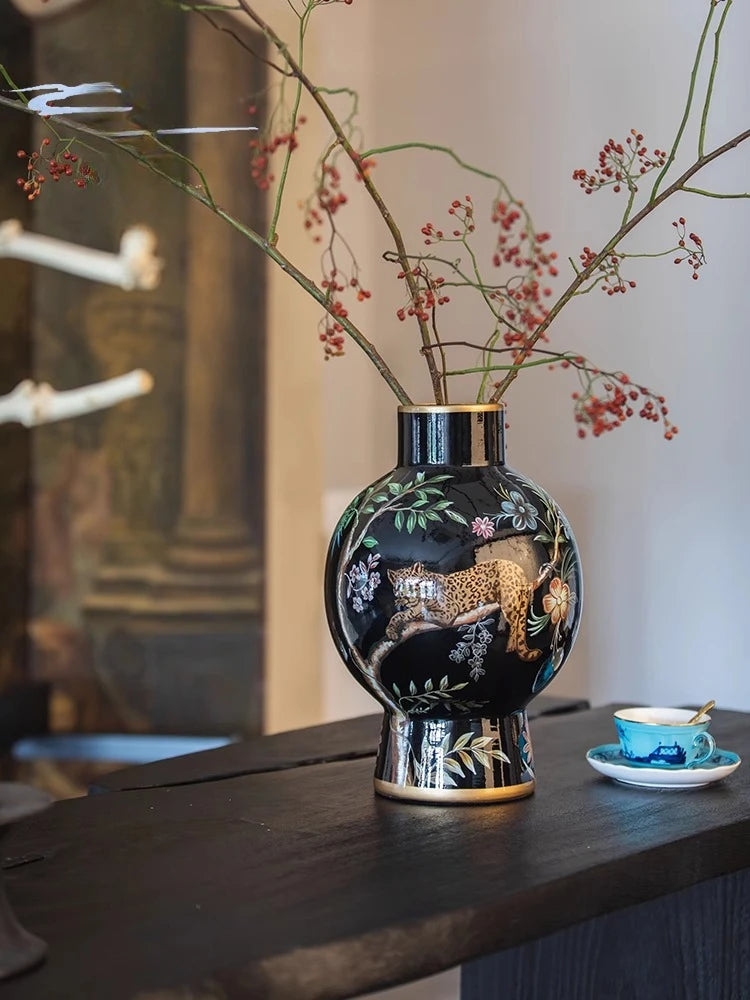 "Lucky Leopard" vase decoration retro high-end flower arrangement ceramic medieval ornaments new Chinese style
