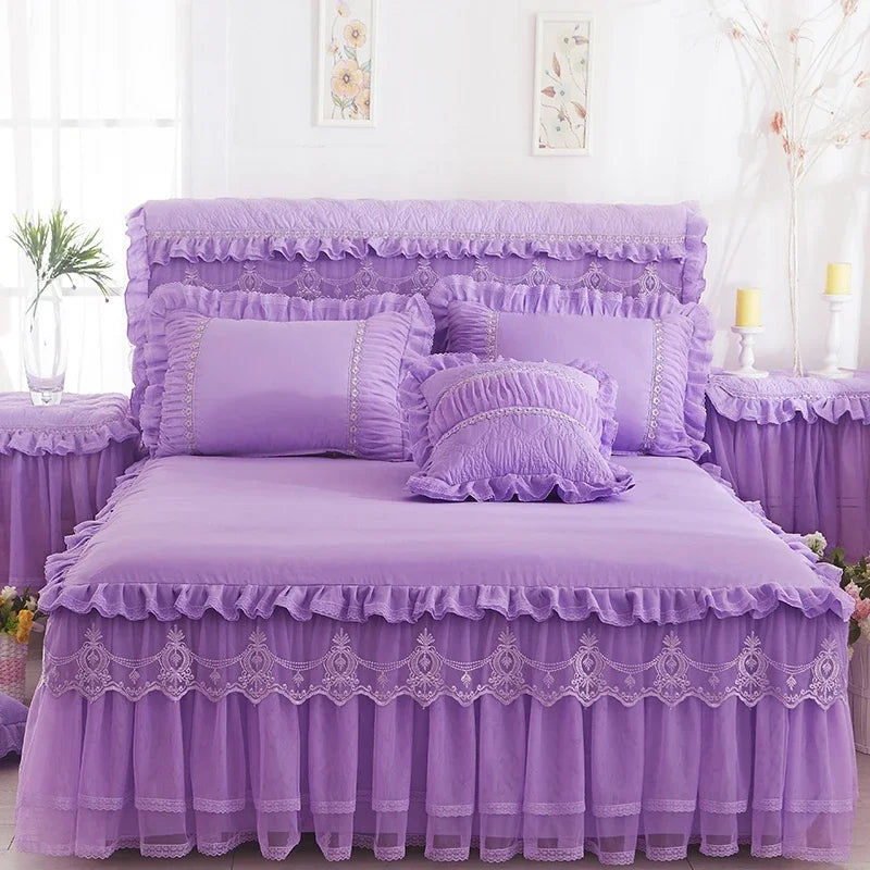 Princess 1 Piece Lace Bed Skirt + 2 Piece Pillowcases Bedding Bedspreads Sheet Pink Lace Bedding Set Bed For Girl Bed Cover