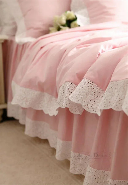 Pink Lace Bedding Set for Queen Luxury Embroidery Wedding Beddings Princess Ruffle Duvet Cover Handmade Bed Sheet Skirt Type