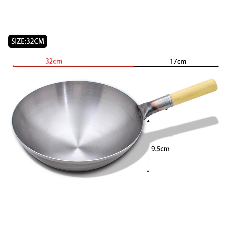 32/34/36cm Iron Wok Chinese Traditional Handmade Large Wok Household Cooking Pot Wooden Handle Wok Kitchen Cookware