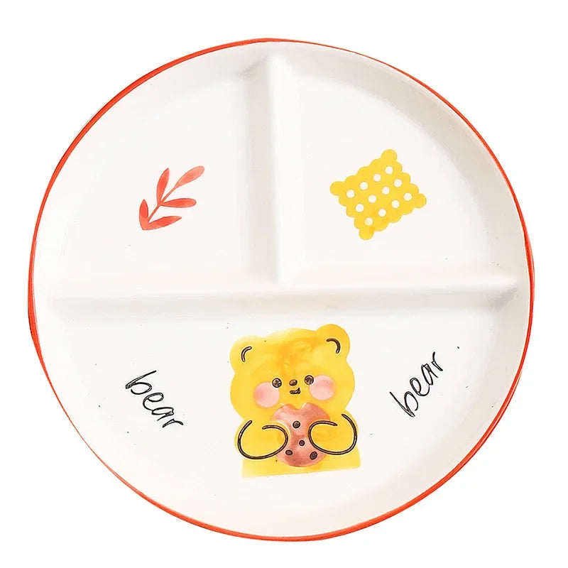 Children's Tableware Cartoon Ceramic Grid Plate for One Person Breakfast Plate Divider Plate Ceramic Dish Serving Platter