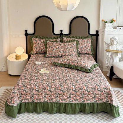 Bonenjoy Bedspread Quilted Bed Cover Ruffles Mattress Protector Thicken Bed Linen Printed Sheets colchas (Pillowcase Need Order)